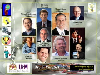 Robert Alan Black, Ph.D., CSP
alan @ cre8ng.com
http://www.cre8ng.com
Break Your CrayonsBreak Your Crayons
Jeff Bezos
Amazon
Jack Welch
GE
Richard Branson
Virgin, etc.
Fred Smith
FedEx
Michael Andreessen
Netscape
Bill Gates
Microsoft
Michael Eisner
Disney
Michael Dell
Dell
 