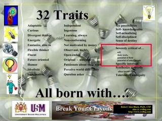 Robert Alan Black, Ph.D., CSP
alan @ cre8ng.com
http://www.cre8ng.com
Break Your CrayonsBreak Your Crayons
32 Traits32 Traits
See possibilities
Self- knowledgeable
Self-actualizing
Self-disciplined
Sense of destiny
Sensitive
Severely critical of…
self,
their work,
potential of field
potential of other people
Specific interests
Synthesize correctly
often intuitively
Tolerant of ambiguity
Adaptable
Curious
Divergent thinker
Energetic
Fantasize, able to
Flexible thinker
Fluent
Future oriented
Humor
Idealistic
Imaginative
Independent
Ingenious
Learning, always
Non-conforming
Not motivated by money
Observant, highly
Open-ended
Original - uniqueness
Passionate about their work
Perceive world differently
Question asker
All born with….All born with….
 