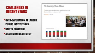 CHALLENGES IN
RECENT YEARS
•OVER-SATURATION AT LARGER
PUBLIC INSTITUTIONS
•SAFETY CONCERNS
•ACADEMIC ENGAGEMENT
 