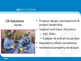 • Product design, development &
project leadership
• Surgical technique Discovery
– VoC, KOL’s
– Cadaver & animal tissue labs
• Regulatory affairs compliance
• Intellectual property landscape
LSI Solutions
-My Role
516 Apr 10
 