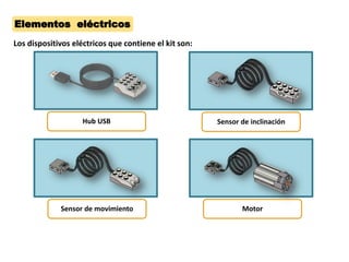 Elementos eléctricos
Hub USB Sensor de inclinación
Sensor de movimiento Motor
Los dispositivos eléctricos que contiene el kit son:
 