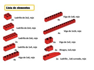 Lista de elementos
Ladrillo de 2x2, rojo
2x
2x
Ladrillo de 2x4, rojo
2x
Ladrillo de 2x6, rojo
2x
Ladrillo de 1x4, rojo
4x
Viga de 1x6, rojo
4x
Viga de 1x8, rojo
4x
Viga de 1x16, rojo
6x Viga de 1x2, rojo
2x Bisagra, 1x2,rojo
2x Ladrillo , 1x6 curvado, rojo
 