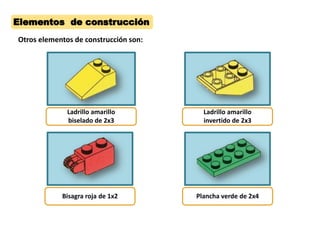 Ladrillo amarillo
biselado de 2x3
Ladrillo amarillo
invertido de 2x3
Bisagra roja de 1x2 Plancha verde de 2x4
Elementos de construcción
Otros elementos de construcción son:
 