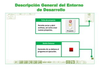 Permite cerrar y abrir archivos, así como crear nuevos proyectos. 
Haciendo clic se detiene el programa en ejecución. 
Ficha de proyecto 
Botón Detener  