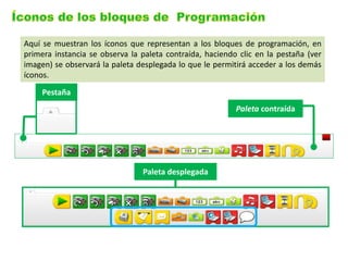 Paleta contraída 
Paleta desplegada 
Pestaña 
Aquí se muestran los íconos que representan a los bloques de programación, en primera instancia se observa la paleta contraída, haciendo clic en la pestaña (ver imagen) se observará la paleta desplegada lo que le permitirá acceder a los demás íconos.  