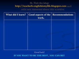10. Visit the blog:  http://teacherh-englishismylife.blogspot.com  and write one comment about this exercise.  IF YOU WANT TO BE THE BEST , YOU CAN BE!! Good luck!! Recommendations  Good aspects of the work. What did I learn? 