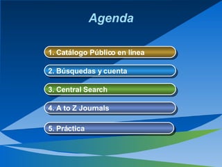 Agenda 1. Catálogo Público en línea   2. Búsquedas y cuenta   3. Central Search   4. A to Z Journals   5. Práctica   