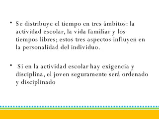 Se distribuye el tiempo en tres ámbitos: la actividad escolar, la vida familiar y los tiempos libres; estos tres aspectos influyen en la personalidad del individuo. Si en la actividad escolar hay exigencia y disciplina, el joven seguramente será ordenado y disciplinado 
