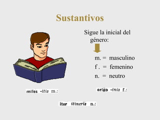 Sustantivos 
Sigue la inicial del 
género: 
m. = masculino 
f . = femenino 
n. = neutro 
 