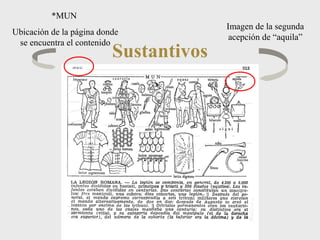 Sustantivos 
*MUN 
Ubicación de la página donde 
se encuentra el contenido 
Imagen de la segunda 
acepción de “aquila” 
 