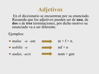 Adjetivos 
En el diccionario se encuentran por su enunciado. 
Recuerda que los adjetivos pueden ser de una, de 
dos o de tres terminaciones, por dicho motivo su 
enunciado va a ser diferente. 
Ejemplos: 
malus -a -um m + f + n. 
nobilis -e mf + n 
audax, -acis nom + gen 
 