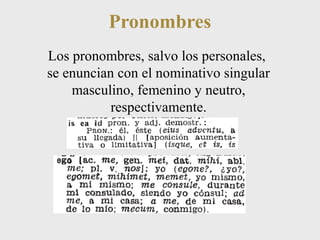 Pronombres 
Los pronombres, salvo los personales, 
se enuncian con el nominativo singular 
masculino, femenino y neutro, 
respectivamente. 
 