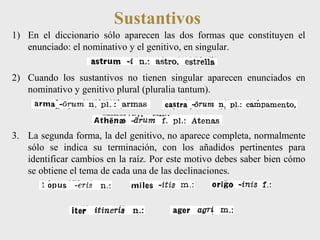 Sustantivos 
1) En el diccionario sólo aparecen las dos formas que constituyen el 
enunciado: el nominativo y el genitivo, en singular. 
2) Cuando los sustantivos no tienen singular aparecen enunciados en 
nominativo y genitivo plural (pluralia tantum). 
3. La segunda forma, la del genitivo, no aparece completa, normalmente 
sólo se indica su terminación, con los añadidos pertinentes para 
identificar cambios en la raíz. Por este motivo debes saber bien cómo 
se obtiene el tema de cada una de las declinaciones. 
 