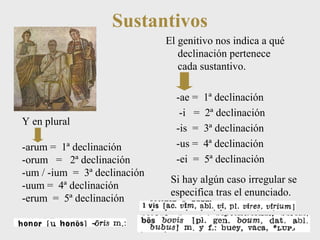 Sustantivos 
El genitivo nos indica a qué 
declinación pertenece 
cada sustantivo. 
-ae = 1ª declinación 
-i = 2ª declinación 
-is = 3ª declinación 
-us = 4ª declinación 
-ei = 5ª declinación 
Y en plural 
-arum = 1ª declinación 
-orum = 2ª declinación 
-um / -ium = 3ª declinación 
-uum = 4ª declinación 
-erum = 5ª declinación 
Si hay algún caso irregular se 
especifica tras el enunciado. 
 