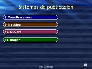 Sistemas de publicación 8.  WordPress.com 9.  Nireblog 10.  GuGara 11.  Blogari 