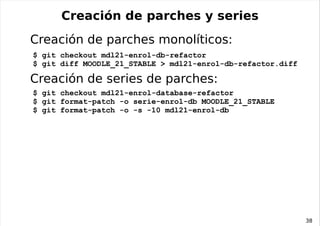 Terminología de git (cont.) repositorio: colección de referencias junto con una base de datos de objetos tiene todos los objetos que son alcanzables desde dichas referencias.: Puede contener además algunos meta datos adicionales usados por determinas órdenes de git. 