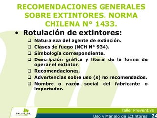 RECOMENDACIONES GENERALES
SOBRE EXTINTORES. NORMA
CHILENA N° 1433.
• Rotulación de extintores:
Naturaleza del agente de extinción.
Clases de fuego (NCH N° 934).
Simbología correspondiente.
Descripción gráfica y literal de la forma de
operar el extintor.
 Recomendaciones.
 Advertencias sobre uso (s) no recomendados.
 Nombre o razón social del fabricante o
importador.





Taller Preventivo
Uso y Manejo de Extintores

24

 