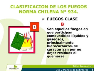 CLASIFICACION DE LOS FUEGOS
NORMA CHILENA N° 934.
• FUEGOS CLASE

B
Son aquellos fuegos en
que participan
combustibles líquidos y
gaseosos,
principalmente
hidrocarburos, se
caracterizan por no
dejar residuos al
quemarse.
Taller Preventivo
Uso y Manejo de Extintores

8

 