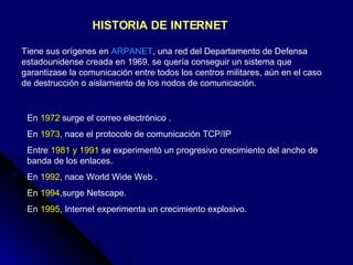 HISTORIA DE INTERNET   Tiene sus orígenes en  ARPANET , una red del Departamento de Defensa estadounidense creada en 1969, se quería conseguir un sistema que garantizase la comunicación entre todos los centros militares, aún en el caso de destrucción o aislamiento de los nodos de comunicación.  En  1972  surge el correo electrónico . En  1973 , nace el protocolo de comunicación TCP/IP  Entre  1981 y 1991  se experimentó un progresivo crecimiento del ancho de banda de los enlaces. En  1992 , nace World Wide Web . En  1994 ,surge Netscape. En  1995 , Internet experimenta un crecimiento explosivo. 