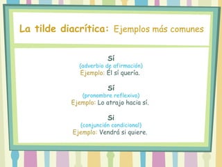 Sí
(adverbio de afirmación)
Ejemplo: Él sí quería.
Sí
(pronombre reflexivo)
Ejemplo: Lo atrajo hacia sí.
Si
(conjunción condicional)
Ejemplo: Vendrá si quiere.
La tilde diacrítica: Ejemplos más comunes
 