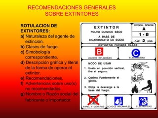 RECOMENDACIONES GENERALES
SOBRE EXTINTORES
ROTULACION DE
EXTINTORES:
a) Naturaleza del agente de
extinción.
b) Clases de fuego.
c) Simobología
correspondiente.
d) Descripción gráfica y literal
de la forma de operar el
extintor.
e) Recomendaciones.
f) Advertencias sobre uso(s)
no recomendados.
g) Nombre o Razón social del
fabricante o importador.
 