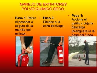 MANEJO DE EXTINTORES
POLVO QUIMICO SECO.
• Paso 1: Retire
el pasador o
seguro de la
manilla del
extintor.
• Paso 2:
Diríjase a la
zona de fuego.
• Paso 3:
Accione el
gatillo y dirja la
descarga
(Manguera) a la
base del fuego.
 