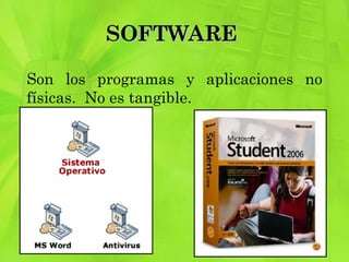SOFTWARE  Son los programas y aplicaciones no físicas.  No es tangible.  