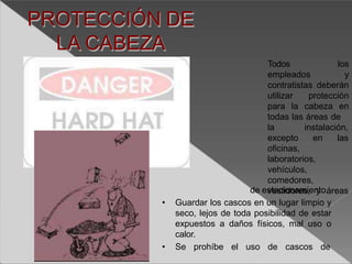 PROTECCIÓN DE
LA CABEZA
Todos
empleados
los
y
contratistas deberán
utilizar protección
para la cabeza en
todas las áreas de
instalación,
en las
la
excepto
oficinas,
laboratorios,
vehículos,
comedores,
vestidores, y áreas
de estacionamiento.
• Guardar los cascos en un lugar limpio y
seco, lejos de toda posibilidad de estar
expuestos a daños físicos, mal uso o
calor.
• Se prohíbe el uso de cascos de
 