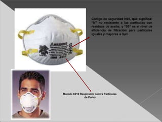 Modelo 8210 Respirador contra Partículas
de Polvo
Código de seguridad N95, que significa:
“N” no resistente a las partículas con
residuos de aceite; y “95” es el nivel de
eficiencia de filtración para partículas
iguales y mayores a 3µm
 