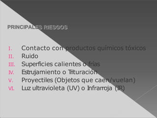 I. Contacto con productos químicos tóxicos
II. Ruido
III. Superficies calientes o frías
IV. Estrujamiento o T
rituración
V. Proyectiles (Objetos que caen/vuelan)
VI. Luz ultravioleta (UV) o Infrarroja (IR)
PRINCIPALES RIESGOS
 