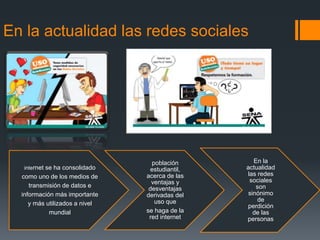 En la actualidad las redes sociales
internet se ha consolidado
como uno de los medios de
transmisión de datos e
información más importante
y más utilizados a nivel
mundial
población
estudiantil,
acerca de las
ventajas y
desventajas
derivadas del
uso que
se haga de la
red internet
En la
actualidad
las redes
sociales
son
sinónimo
de
perdición
de las
personas
 