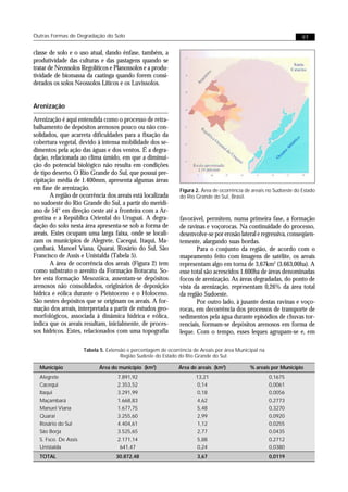 Outras Formas de Degradação do Solo                                                                                  97


classe de solo e o uso atual, dando ênfase, também, a
produtividade das culturas e das pastagens quando se
tratar de Neossolos Regolíticos e Planossolos e a produ-
tividade de biomassa da caatinga quando forem consi-
derados os solos Neossolos Liticos e os Luvissolos.


Arenização

Arenização é aqui entendida como o processo de retra-
balhamento de depósitos arenosos pouco ou não con-
solidados, que acarreta dificuldades para a fixação da
cobertura vegetal, devido à intensa mobilidade dos se-
dimentos pela ação das águas e dos ventos. É a degra-
dação, relacionada ao clima úmido, em que a diminui-
ção do potencial biológico não resulta em condições
de tipo deserto. O Rio Grande do Sul, que possui pre-
cipitação média de 1.400mm, apresenta algumas áreas
em fase de arenização.                                         Figura 2. Área de ocorrência de areais no Sudoeste do Estado
        A região de ocorrência dos areais está localizada      do Rio Grande do Sul, Brasil.
no sudoeste do Rio Grande do Sul, a partir do meridi-
ano de 54° em direção oeste até a fronteira com a Ar-
gentina e a República Oriental do Uruguai. A degra-            favorável, permitem, numa primeira fase, a formação
dação do solo nesta área apresenta-se sob a forma de           de ravinas e voçorocas. Na continuidade do processo,
areais. Estes ocupam uma larga faixa, onde se locali-          desenvolve-se por erosão lateral e regressiva, conseqüen-
zam os municípios de Alegrete, Cacequi, Itaqui, Ma-            temente, alargando suas bordas.
çambará, Manoel Viana, Quaraí, Rosário do Sul, São                    Para o conjunto da região, de acordo com o
Francisco de Assis e Unistalda (Tabela 5).                     mapeamento feito com imagens de satélite, os areais
        A área de ocorrência dos areais (Figura 2) tem         representam algo em torna de 3,67km2 (3.663,00ha). A
como substrato o arenito da Formação Botucatu. So-             esse total são acrescidos 1.600ha de áreas denominadas
bre esta formação Mesozóica, assentam-se depósitos             focos de arenização. As áreas degradadas, do ponto de
arenosos não consolidados, originários de deposição            vista da arenização, representam 0,26% da área total
hídrica e eólica durante o Pleistoceno e o Holoceno.           da região Sudoeste.
São nestes depósitos que se originam os areais. A for-                Por outro lado, à jusante destas ravinas e voço-
mação dos areais, interpretada a partir de estudos geo-        rocas, em decorrência dos processos de transporte de
morfológicos, associada à dinâmica hídrica e eólica,           sedimentos pela água durante episódios de chuvas tor-
indica que os areais resultam, inicialmente, de proces-        renciais, formam-se depósitos arenosos em forma de
sos hídricos. Estes, relacionados com uma topografia           leque. Com o tempo, esses leques agrupam-se e, em

                      Tabela 5. Extensão e percentagem de ocorrência de Areais por área Municipal na
                                      Região Sudeste do Estado do Rio Grande do Sul.

  Município                 Área do município (km2)            Área de areais (km2)           % areais por Município
  Alegrete                          7.891,92                          13,21                            0,1675
  Cacequi                           2.353,52                          0,14                             0,0061
  Itaqui                            3.291,99                          0,18                             0,0056
  Maçambará                         1.668,83                          4,62                             0,2773
  Manuel Viana                      1.677,75                          5,48                             0,3270
  Quaraí                            3.255,60                          2,99                             0,0920
  Rosário do Sul                    4.404,61                          1,12                             0,0255
  São Borja                         3.525,65                          2,77                             0,0435
  S. Fsco. De Assis                 2.171,14                          5,88                             0,2712
  Unistalda                          641,47                           0,24                             0,0380
  TOTAL                             30.872,48                         3,67                             0,0119
 