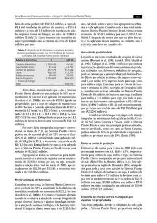 Uma Resposta Conservacionista – o Impacto do Sistema Plantio Direto                                           157


ladas de uréia, perfazendo R$212,2 milhões, a cerca de      ano, calculado sobre o preço dos agroquímicos utiliza-
89,4 mil toneladas de sulfato de amônia, a R$35,4           dos e o da aplicação. Considerando a área total adota-
milhões e a cerca de 5,6 milhões de toneladas de adu-       da com Sistema Plantio Direto no Brasil, estima-se uma
bo orgânico (cama de frango), ao valor de R$169,5           economia de R$143 milhões por ano (US$57,2 mi-
milhões (Tabela 2). Esses insumos são mantidos no           lhões). O impacto do menor uso, que vai além do cus-
solo representando uma economia de cerca de R$650           to e da aplicação desses insumos, no entanto, não é
milhões por ano.                                            valorado, mas deve ser considerado.
 Tabela 2. Redução de fertilizantes e corretivos devido a
 menores perdas por erosão nos 14,3 milhões de hectares     Aumento de produtividade
     cultivados sob Sistema Plantio Direto no Brasil
                                                            Levando-se em conta resultados de pesquisa de vários
Adubos e Corretivos               t              Mil R$     autores (Hernani et al., 1997; Ruedell, 1995; Muzilli et
Calcário dolomítico          1.258.420          46.562      al., 1994; Calegari et al., 1992), verifica-se que embora
Superfosfato triplo             81.444          44.794      haja variações devido aos diferentes sistemas de produ-
Cloreto de potássio            257.579         141.668      ção utilizados nos diferentes trabalhos de pesquisa,
Uréia                          408.105         212.215
Sulfato de amônia               89.440          35.418
                                                            pode-se estimar que a produtividade sob Sistema Plan-
Adubo Orgânico               5.650.681         169.520      tio Direto em relação ao sistema de preparo convenci-
  (Cama de frango)                                          onal é, em média, 17% superior, tanto para soja como
Total                            —             650.178      para milho e trigo. Com isso, para os valores de insu-
                                                            mos e produtos de 2001, na região de Dourados (MS)
       Além disso, considerando que com o Sistema           e, considerando as áreas cultivadas em Sistema Plantio
Plantio Direto observa-se uma redução de 50% no re-         Direto de 10 milhões de hectares para soja, 4 milhões
querimento de calcário a ser aplicado em manutenção         para milho e 1,5 milhão para trigo em todo o país,
(Landers et al., 2001b), ao custo de R$20/t (posto na       tem-se um incremento correspondente à R$1.496 mi-
propriedade), para a dose de calagem de manutenção          lhões, R$490,7 milhões e R$125 mil, respectivamente,
de 0,6t/ha/ano e custo de aplicação (trator de 80 HP x      que perfazem um total de cerca de R$1,99 bilhões por
em média 0,2 horas/ha a R$21/hora), a economia ge-          ano (US$795 milhões).
rada é de 0,5 x [0,2 x 21 + (0,6 x 20)] = R$8,1/ha/ano              Ressalta-se também que em projetos de manejo
(US$ 3,24/ha/ano). Extrapolando-se para área de 14,3        integrado em microbacias hidrográficas do Rio Gran-
milhões de hectares, tem-se uma economia de R$115,8         de do Sul, Santa Catarina e Paraná, onde o Sistema
milhões.                                                    Plantio Direto é uma das principais práticas adotadas,
       Por outro lado, comparadas ao preparo conven-        tem-se verificado, como no caso de Santa Catarina,
cional, as doses de P O no Sistema Plantio Direto           ganhos acima de 24% de produtividade e ingressos lí-
                        2 5
podem ser, de maneira geral, até 33% menores (Lan-          quidos ao produtor acima de 29% (Bassi, 1999).
ders et al., 2001b). Considerando uma aplicação mé-
dia de 50kg/ha de P O , a economia comparativa é de
                      2 5                                   Menores custos de produção
R$14,7/ha/ano. Extrapolando-se para a área adotada
com o Sistema Plantio Direto no Brasil, tem-se uma          Estimativas de custos para o ano de 2000 indicaram
redução de R$210,2 milhões.                                 percentuais menores em 6,9, 10,0 e 5,0%, respectiva-
       Agregando-se todos as estimativas para fertili-      mente para cultivo de soja, milho e trigo, no Sistema
zantes, corretivos e adubação orgânica tem-se uma eco-      Plantio Direto comparado ao preparo convencional
nomia de R$976,2 milhões por ano, ou seja, conside-         de solo (Melo Filho & Mendes, 2000 a, b, c). Em valo-
rando a relação dólar/real do início de 2002, aproxi-       res praticados na região de Dourados (MS), extrapola-
madamente de R$2,50 por US1,00, a economia esti-            dos para toda a área com adoção de Sistema Plantio
mada é de US$390,5 milhões.                                 Direto (10 milhões de hectares com soja, 4 milhões de
                                                            hectares com milho e 1,5 milhões de hectares com tri-
Menor utilização de defensivos                              go), tem-se um incremento no lucro da ordem de R$370
                                                            milhões em soja, R$288 milhões em milho e R$30
Considera-se que o uso de Sistema Plantio Direto ten-       milhões em trigo, totalizando um adicional de R$688
dem a reduzir em 50% a quantidade de herbicidas e de        milhões (US$275,2 milhões).
inseticidas, resultando em economia de R$20,0/ha/ano
(Landers et al., 2001b). O cenário é bastante alterado
                                                            Economia de energia elétrica na irrigação por
quando se considera a adoção do manejo integrado de
                                                            aspersão nas propriedades
pragas (insetos, doenças e plantas daninhas), incluin-
do a adoção do controle biológico e de balanço nutri-       Nas áreas irrigadas, devido à cobertura do solo pela
cional. O impacto direto, nesse caso, é de R$10,0/ha/       palha, o Sistema Plantio Direto proporciona redução
 