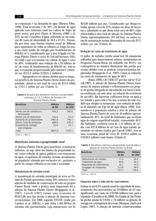 158                                           Uma Resposta Conservacionista – o Impacto do Sistema Plantio Direto


na evaporação e na demanda de água (Marson Filho,            R$538 milhões por ano. Considerando que dessas es-
1998). Essa economia é de 40% em lâmina de água              tradas apenas cerca de 22% estejam em áreas de lavou-
aplicada com cobertura total (no cultivo de feijão de        ras e, admitindo-se que desse total cerca de 60% estão
porte ereto), por pivô (Stone & Moreira, 1998) e de          relacionadas à área total de adoção do Sistema Plantio
23% no uso consultivo d’água, refletindo-se em redu-         Direto (aproximadamente 167 mil km), os custos to-
ção do custo de eletricidade de 38,4 a 47,3%. Toman-         tais de manutenção seriam diminuídos de cerca de R$71
do por base uma lâmina mínima anual de 800mm                 milhões por ano (Tabela 4).
para suprimento de todas as culturas ao longo do ano,
a um custo médio de energia para bombeamento de              Redução no custo do tratamento de água
R$0,03/m3 e considerando que a área irrigada em Sis-
tema Plantio Direto é cerca de 550 mil hectares (50%         O índice de turbidez médio anual dos 16 mananciais
do total) e que a economia em volume de água é cerca         utilizados para abastecimento urbano, monitorados no
de 40%, totalizando uma redução de 1,76 bilhões de           Programa Paraná-Rural, foi reduzido em 49,3%, em
m3, ao custo de bombeamento de R$0,03/m3, tem-se             conseqüência da drástica diminuição das perdas por
que a economia proporcionada pelo sistema é estima-          erosão obtidas com as práticas conservacionistas im-
da em R$52,8 milhões (US$21,1 milhões).                      plantadas (Bragagnolo et al., 1997). Citam-se reduções
       Agregando-se os valores obtidos para os impac-        no custo do tratamento de água de 46%
tos benéficos do Sistema Plantio Direto dentro da pro-               (Bassi, 1999) e de US$0,577 por dez mil m3 (Car-
priedade, obtém-se um total de cerca de R$3,8 bilhões        roll,1997). A adoção de Sistema Plantio Direto, trata-
ou US$1,5 bilhões por ano (Tabela 3).                        mento de dejetos animais e reflorestamento em proje-
                                                             to de gestão integrada de microbacias em Santa Catari-
  Tabela 3. Resumo dos benefícios internos à propriedade
                                                             na resultaram, em sete anos, na redução da ocorrência
         rural para os 14,3 milhões de hectares em           de até 68% das bactérias coliformes fecais na água a
                   Sistema Plantio Direto.                   ser tratada e para cada t/ha/ano a menos de solo ero-
Benefícios                        Milhões       Milhões      dido que atingiu os mananciais, com redução de sulfa-
                                   de R$        de US$*      to de alumínio em 13g/m3 de água (Bassi, 1999). Esti-
Menor uso de corretivos e          976,2          390,5      mando-se a população relativa à área de adoção do
  fertilizantes                                              Sistema Plantio Direto de cerca de 43 milhões (aproxi-
Menor uso de defensivos            143,0           57,2      madamente 42% do total de habitantes que recebem
Aumento de produtividade          1987,8          795,1      água de origem superficial tratada), consumindo 40 l/
Menor custo de produção            688,0          275,2
Economia de energia                 52,8           21,1
                                                             dia/habitante, receberia cerca de 1,72 bilhões de m3/
  com irrigação                                              dia, com 627,8 bilhões de m3/ano de água tratada, as-
Total                             3847,8        1539,1       sumindo os valores citados por Carroll (1997), tem-se
*(US$1,0 = R$2,5)                                            uma economia anual de cerca de R$90,6 milhões ou
                                                             US$36,2 milhões mais barato (Tabela 4).
Benefícios externos à propriedade rural
                                                             Tabela 4. Benefícios externos á propriedade rural devidos à
O Sistema Plantio Direto gera benefícios econômicos                  adoção de Sistema Plantio Direto no Brasil
indiretos, ou seja, além dos limites da propriedade ru-
                                                              Benefícios                        Milhões        Milhões
ral, como redução de gastos públicos com tratamento                                              de R$         de US$*
de água, recuperação de estradas vicinais, atendimento
                                                              Manutenção de estradas              71,0          28,4
de população vitimada por enchentes etc., portanto, a         Tratamento de água                  90,6          36,2
partir do campo refletem-se em toda a sociedade.              Reposição de reservatórios          35,7          14,3
                                                              Dragagen de rios/portos            123,8          49,5
                                                              Total                              321,1         128,4
Manutenção de estradas rurais
                                                             *(US$1,0 = R$2,5)
A manutenção de estradas municipais de terra no Es-
tado do Paraná apresentou custos 50% menores com a
                                                             Impactos sobre a vida útil de reservatórios
adoção de medidas de conservação de solo no projeto
Paraná Rural, onde a prática mais impactante foi a           Estima-se em 0,5% a perda anual da capacidade de arma-
adoção do Sistema Plantio Direto (Bragagnolo et al.,         zenamento dos reservatórios ou 2,0 bilhões de m3/ano,
1997). Carroll (1997) estima uma economia de                 significando um custo de US$700 milhões/ano para a
R$425,00/ano/km devido à adoção de sistemas con-             reposição (Carvalho et al., 2000). No Estado de São Paulo,
servacionistas. Em 2000, segundo DNER, citado por            há perdas anuais de US$64 a 74 milhões na geração de
Landers et al. (2001b), o país tinha 1.265.907km de          energia em conseqüência da erosão (Marques, citado por
estradas não pavimentadas, cuja manutenção era de            López, 1997). A adoção de sistemas conservacionistas
 
