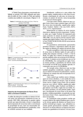 26                                                                                                             O Domínio do Uso do Solo


       A Tabela 2 busca demonstrar a mencionada esta-                                        Inicialmente, verificar-se-á o peso relativo das
bilidade no período 1972/1998, utilizando para tanto,                                grandes regiões, estabelecendo-se como fator de pon-
além do índice de Gini, o índice de Theil, que também                                deração a participação de cada uma, em termos per-
constitui uma medida de concentração. (Figuras 2 e 3)                                centuais, no número de imóveis e áreas incorporadas
                                                                                     ao processo de reforma agrária.
           Tabela 2. Estabilidade dos índices de Gini e Theil no                             Com base nestes critérios, observa-se que a re-
                            período 1972/1998.                                       gião Centro-Oeste ocupa o primeiro lugar com 35,9%
  Ano                                     Índice de Gini      Índice de Theil        das novas áreas incorporadas, seguida pelas regiões
                                                                                     Norte, Nordeste, Sudeste e Sul, com 31,6%; 18,2%;
  1972                                        0,837                  0,906
                                                                                     10,5% e 3,7%, respectivamente.
  1978                                        0,854                  0,933                   Relativamente ao número de novos imóveis,
  1992                                        0,833                  0,917           observam-se algumas inversões importantes. Verifica-
  1998                                        0,843                  0,918           se assim, que a região Nordeste foi responsável pelo
Fonte: Estatísticas Cadastrais do INCRA – Convênio INCRA/UNICAMP
                                                                                     maior acréscimo no número de imóveis no período
                                                                                     1992/1998, com um total de 227.015 imóveis rurais,
                                                                                     seguida pelas regiões Sudeste, Norte, Sul e Centro-Oes-
                                                                                     te com 179.693; 94.346; 93.528 e 69.181 novos imóveis
                    0,86
                    0,86                                                             respectivamente.
                    0,85                                                                     Os quantitativos anteriormente apresentados
   Índice de Gini




                    0,85
                    0,84                                                             permitem mensurar a importância relativa das gran-
                    0,84
                    0,83
                                                                                     des regiões na dinâmica do cadastro de imóveis rurais.
                    0,83                                                                     Visando exemplificar o efeito das incorporações
                    0,82
                                   1972         1978          1992            1998
                                                                                     de novas áreas em distintas regiões do país, pode-se
                                                        Ano                          analisar duas situações extremas, o Norte e o Sul do
                                                                                     Brasil. Na região Sul o número de imóveis rurais no
Figura 2. Comportamento dos Índices de Concentração Fun-                             período analisado sofreu um acréscimo de 93.328 imó-
diária no Brasil - 1972/1998.                                                        veis rurais. A variação na área incluída por sua vez foi
Fonte: Convênio INCRA/UNICAMP.                                                       de 3.934.000,0ha. Em contrapartida na região Norte,
                                                                                     no mesmo período, o quantitativo de imóveis rurais
                                                                                     foi acrescido em 94.346 novas unidades agrícolas, in-
                            0,94                                                     corporando uma área de 33.330.000,0ha.
                                                                                             No exemplo acima, observou-se que nas duas
           Índice deTheil




                            0,93
                            0,92                                                     unidades geográficas consideradas, enquanto a varia-
                            0,91                                                     ção no número de imóveis foi praticamente a mesma,
                            0,90
                                                                                     a diferença na variação das áreas incorporadas foi su-
                            0,89
                                                                                     perior a dez vezes.
                                      1972       1978         1992           1998
                                                                                             Outra variável que também merece destaque,
                                                                                     agora em termos absolutos, é a área média dos novos
                                                        Ano
                                                                                     imóveis rurais expressa em hectares. Aqui, da mesma
                                                                                     forma, tem-se a região Centro-Oeste com as maiores
Figura 3. Comportamento dos Índices de Concentração Fun-                             áreas por novo imóvel, 548,0ha, seguida pela região
diária no Brasil - 1972/1998.
Fonte: Convênio INCRA/UNICAMP.                                                       Norte com 353,0ha, região Nordeste com 84,0ha, re-
                                                                                     gião Sudeste com 61,0ha e região Sul com 42,0ha. Es-
                                                                                     tes valores permitem, em uma primeira análise, supor
Impactos das Incorporações de Novas Áreas                                            que a incorporação de novas áreas se dá através das
Sobre a Estrutura Fundiária                                                          grandes e médias propriedades, em particular nas regi-
                                                                                     ões Centro-Oeste e Norte, responsáveis por 67,5% das
A análise das alterações ocorridas no número de imó-                                 áreas incorporadas.
veis rurais com informações consistentes de área, no                                         As constatações acima permitem concluir que
período 1992/1998, relativamente às grandes regiões                                  os pesos relativos das regiões brasileiras para o proces-
permite que sejam detectadas a forma e a importância                                 so de reforma agrária são distintos em função da su-
das incorporações de novas áreas sobre a concentração                                perfície territorial que ocupam, e que, indicadores na-
da propriedade da terra, tanto nas mencionadas uni-                                  cionais quando genericamente estudados, tendem a
dades geográficas individualmente consideradas, como                                 obscurecer ou mesmo distorcer os impactos dos movi-
no território nacional em sua totalidade.                                            mentos nos quantitativos de imóveis e de área, levan-
 