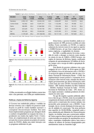 O Domínio do Uso do Solo                                                                                                              29

                Tabela 5. Agricultores familiares – Estabelecimentos, área, VBP e financiamento total segundo as regiões.

  REGIÃO                     Estab.       % Estab.             Área             % Área        VBP         % VBP        FT         % FT
                             Total        s/ total           Total (ha)         s/ total    (mil R$)      s/ total   (mil R$)    s/ total
  Nordeste                 2.055.157        88,3            34.043.218           43,5      3.026.897       43,0      133.973      26,8
  Centro-Oeste               162.062        66,8            13.691.311           12,6      1.122.696       16,3       94.058      12,7
  Norte                      380.895        85,4            21.860.960           37,5      1.352.656       58,3       50.123      38,6
  Sudeste                    633.620        75,3            18.744.730           29,2      4.039.483       24,4      143.812      12,6
  Sul                        907.635        90,5            19.428.230           43,8      8.575.993       57,1      515.862      43,3
  BRASIL                   4.139.369        85,2            107.768.450          30,5      18.117.725      37,9      937.828      25,3
Fonte: Guanziroli & Cardim, 2000. Elaboração: Projeto de Cooperação Técnica INCRA/FAO.



                                                                                         Desta forma, o governo brasileiro, ainda no se-
                     1.324                                                        gundo semestre de 1999, promoveu medidas até então
                               1.008                                              inéditas. Foram cancelados, no INCRA, os registros
                                                                                  cadastrais dos imóveis rurais de área igual ou superior
   Em ha




                                                                  433             a 10.000,0 hectares, até que fosse comprovada, entre
           269                                        283
                                           223                                    outras exigências, a regularidade do domínio.
                                                                                         Em 2001, a medida anterior foi revista e esten-
           NE         CO         N         SE           S         BR              dida de modo a abranger os imóveis rurais situados
                                                                                  no estrato de área de 5.000,0 a 9.999,9 hectares, em
Figura 7. Área média dos estabelecimentos familiares em hec-                      regiões de interesse da Reforma Agrária, notificando
tares.                                                                            ocupantes de aproximadamente 3,0 milhões de hecta-
                                                                                  res, sempre com o escopo de inibir a apropriação ile-
                                                                                  gal de terras.
                                                                                         Esta diretriz de governo culminou com a pro-
                      84                                                          mulgação da Lei no 10.267, de 28 de agosto de 2001,
                                                                                  que instituiu a troca de informações entre o INCRA e
                                57
                                                                                  os serviços de registro de imóveis, além de criar o Ca-
  Em ha




                                           30
                                                       21         26              dastro Nacional de Informações Rurais – CNIR. Sua
           17
                                                                                  regulamentação tornará possível o cruzamento de in-
                                                                                  formações sobre imóveis rurais, oriundas dos diversos
           NE         CO         N         SE          S         BR               órgãos governamentais que detém informações sobre
                                                                                  o meio rural, tais como: INCRA, Secretaria da Receita
Figura 8. Área média dos estabelecimentos patronais em hec-
tares.                                                                            Federal – SRF, Instituto Brasileiro do Meio Ambiente
                                                                                  – IBAMA, Fundação Nacional do Índio – FUNAI,
                                                                                  Secretaria de Patrimônio da União – SPU, dentre ou-
1.324ha, encontrando-se na Região Sudeste a menor área                            tros órgãos nacionais e estaduais produtores de infor-
entre a dos patronais, com 223ha por estabelecimento.                             mações do meio rural.
                                                                                         No que diz respeito à questão ambiental, salien-
                                                                                  te-se o fato de que o INCRA, ciente da necessidade do
Políticas e Ações de Reforma Agrária                                              cumprimento da função social do imóvel rural que, entre
                                                                                  outros prevê a conservação dos recursos naturais, tem
O Governo tem estabelecido políticas e medidas em                                 promovido ações juntamente com o IBAMA. Como
diversas vertentes com o objetivo de promover modi-                               exemplo, cita-se a recente destinação de áreas para cria-
ficações no perfil do cenário fundiário nacional e a                              ção de unidades de conservação. Tais áreas perfazem
conseqüente desconcentração fundiária. Para tanto                                 uma superfície de 20.436.599,0ha, cumprindo assim a
foram implementados programas que abrangem desde                                  meta estabelecida pelo Ministério do Desenvolvimento
o combate à irregularidade na ocupação das terras, es-                            Agrário, em destinar áreas para a preservação ambien-
pecialmente nos estados das regiões Norte e Centro-                               tal. Outros aspectos dizem respeito às ações preventivas
Oeste, até a implementação de ações que visem a con-                              contra incêndios nos projetos de assentamentos em es-
servação dos recursos naturais nos projetos de assenta-                           tados e municípios considerados críticos, bem como a
mento do INCRA, aliadas uma maior interação com                                   redução do número de hectares desapropriados para
os programas ambientais do país.                                                  assentamentos rurais na Amazônia Legal.
 