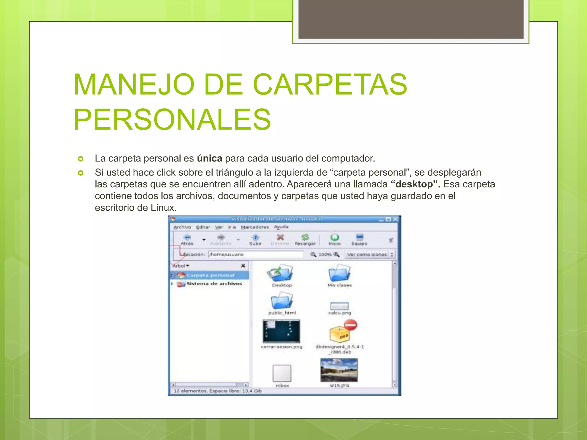 MANEJO DE CARPETAS
PERSONALES
 La carpeta personal es única para cada usuario del computador.
 Si usted hace click sobre el triángulo a la izquierda de “carpeta personal”, se desplegarán
las carpetas que se encuentren allí adentro. Aparecerá una llamada “desktop”. Esa carpeta
contiene todos los archivos, documentos y carpetas que usted haya guardado en el
escritorio de Linux.
 