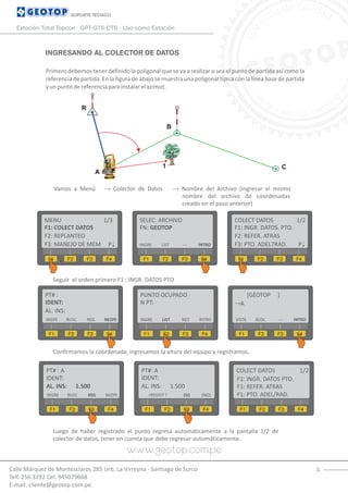 4
INGRESANDO AL COLECTOR DE DATOS
Calle Márquez de Montesclaros 285 Urb. La Virreyna - Santiago de Surco
Telf. 256 3292 Cel. 945079668
E-mail: cliente@geotop.com.pe
SOPORTE TÉCNICO
Estación Total Topcon GPT-GTS-CTS - Uso como Estación
Primero debemos tener definido la poligonal que se va a realizar o sea el punto de partida así como la
referencia de partida. En la figura de abajo se muestra una poligonal típica con la línea base de partida
yunpuntodereferenciaparainstalarelazimut.
A
R
B
C1
Vamos a Menú → Colector de Datos → Nombre del Archivo (ingresar el mismo
nombre del archivo de coordenadas
creado en el paso anterior)
Seguir el orden primero F1 : INGR. DATOS PTO
Confirmamos la coordenada, ingresamos la altura del equipo y registramos.
Luego de haber registrado el punto regresa automáticamente a la pantalla 1/2 de
colector de datos, tener en cuenta que debe regresar automáticamente.
MENU 1/3
F1: COLECT DATOS
F1 F2 F3 F4
F2: REPLANTEO
F3: MANEJO DE MEM P
SELEC. ARCHIVO
FN: GEOTOP
F1 F2 F3 F4
INTRO
COLECT DATOS 1/2
F1: INGR. DATOS. PTO.
F1 F2 F3 F4
F2: REFER. ATRAS
F3: PTO. ADEL7RAD. P---LISTINGRE
PT# :
IDENT:
F1 F2 F3 F4
AL. INS:
PUNTO OCUPADO
N PT:
F1 F2 F3 F4
INTRO
[GEOTOP ]
A
F1 F2 F3 F4
NEZLISTINGRENEZPEREGBUSCINGRE
→
INTRO---BUSCVISTA
PT# : A
IDENT:
F1 F2 F3 F4
AL. INS: 1.500
PT#: A
IDENT:
F1 F2 F3 F4
(NO)
COLECT DATOS 1/2
F1: INGR. DATOS PTO.
F1 F2 F3 F4
(SI)>REGIST ?NEZPEREGBUSCINGRE
AL. INS: 1.500 F1: REFER. ATRAS
F1: PTO. ADEL/RAD.
 