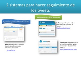 Twilert te permite recibir en tu
email alertas de búsquedas en
Twitter.
http://www.twilert.com/
TweetAlarm sirve para recibir en
el email alertas desde Twitter
cada vez que alguien twittee
sobre ti
http://www.tweetalarm.com/
Seguimiento por correo electrónico
Seguimiento por los clicks en los enlaces
Bit.ly permite recortar y compartir
las URL pero además nos da
estadísticas de los clicks
2 sistemas para hacer seguimiento de
los tweets
http://bit.ly/
 