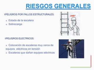 Estado de la escalera
Sobrecarga
†PELIGROS POR FALLOS ESTRUCTURALES:
†PELIGROS ELECTRICOS
Colocación de escaleras muy cerca de
equipos eléctricos en tensión
Escaleras que dañan equipos eléctricos
 