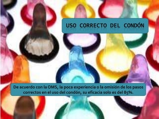 USO CORRECTO DEL CONDÓN




De acuerdo con la OMS, la poca experiencia o la omisión de los pasos
     correctos en el uso del condón, su eficacia solo es del 85%.
 