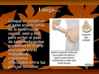 Luego…Luego…
- Coloque el condón enColoque el condón en
el pene erecto antesel pene erecto antes
de la penetraciónde la penetración
vaginal, anal u oral,vaginal, anal u oral,
para evitar el pasopara evitar el paso
de espermatozoidesde espermatozoides
presentes en el pre–presentes en el pre–
eyaculado y/o eleyaculado y/o el
traspaso detraspaso de
organismosorganismos
infecciosos entre lasinfecciosos entre las
parejas sexuales.parejas sexuales.
 