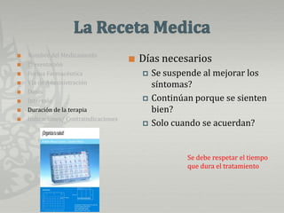 La Receta MedicaNombre del MedicamentoPresentaciónForma FarmacéuticaVía de AdministraciónDosisIntervaloDuración de la terapiaIndicaciones/ ContraindicacionesDías necesarios Se suspende al mejorar los   síntomas?Continúan porque se sienten bien?Solo cuando se acuerdan?Se debe respetar el tiempo que dura el tratamiento