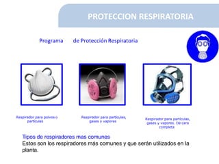 PROTECCION RESPIRATORIA
Programa de Protección Respiratoria
Tipos de respiradores mas comunes
Estos son los respiradores más comunes y que serán utilizados en la
planta.
Respirador para polvos o
partículas
Respirador para partículas,
gases y vapores
Respirador para partículas,
gases y vapores. De cara
completa
 