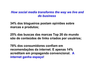 How social media transforms the way we live and do business   34% dos blogueiros postam opiniões sobre marcas e produtos; 25% das buscas das marcas Top 20 do mundo são de conteúdos de links criados por usuários; 78% dos consumidores confiam em recomendações da internet. E apenas 14% acreditam em propaganda convencional.  A internet ganha espaço! 