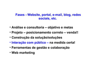 Fases - Website, portal, e-mail, blog, redes sociais, etc.  Análise e consultoria – objetivo e metas Projeto – posicionamento correto – venda!! Construção da solução/soluções Interação com público –  na medida certa! Ferramentas de gestão e colaboração Web marketing 