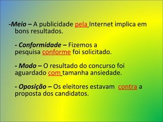 -Meio – A publicidade pela Internet implica em
bons resultados.
- Conformidade – Fizemos a
pesquisa conforme foi solicitado.
- Modo – O resultado do concurso foi
aguardado com tamanha ansiedade.
- Oposição – Os eleitores estavam contra a
proposta dos candidatos.
 