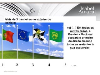 Mais de 3 bandeiras no exterior do
    edifício:
                                             «c) (…) Em todos os
                                               outros casos, a
                                              Bandeira Nacional
                                              ocupará o primeiro
                                              da direita, ficando
                                             todas as restantes à
                                               sua esquerda»




1          2           3           4     5      ….
 