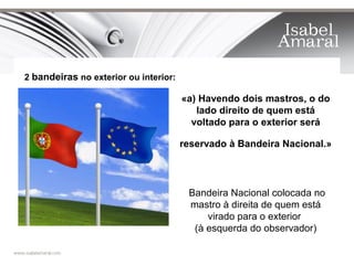 2 bandeiras no exterior ou interior:

                                       «a) Havendo dois mastros, o do
                                          lado direito de quem está
                                         voltado para o exterior será

                                       reservado à Bandeira Nacional.»




                                        Bandeira Nacional colocada no
                                        mastro à direita de quem está
                                            virado para o exterior
                                         (à esquerda do observador)
 