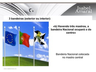 3 bandeiras (exterior ou interior):

                                    «b) Havendo três mastros, a
                                  bandeira Nacional ocupará o do
                                             centro»




                                      Bandeira Nacional colocada
                                          no mastro central
 